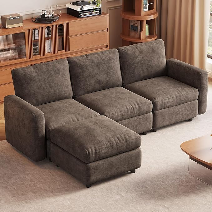 4-Seat Modular Sectional Sofa Couch with Ottoman Storage, Convertible Sleeper Sofas for Living Room Bedroom Apartment, Brown Cloud Futon Lounge Couches Furniture Set