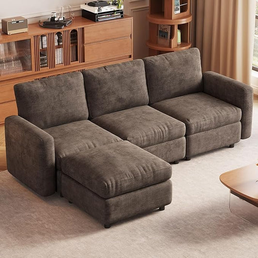 4-Seat Modular Sectional Sofa Couch with Ottoman Storage, Convertible Sleeper Sofas for Living Room Bedroom Apartment, Brown Cloud Futon Lounge Couches Furniture Set