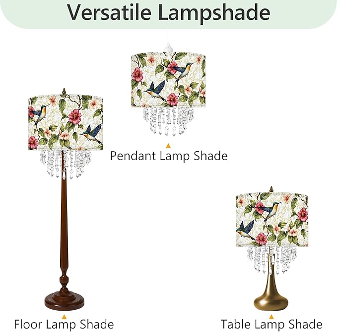 Star Vision Hummingbird Floral Drum Fabric Lampshade with Acrylic Beaded Droplets, Natural Botanical Light Shade for Pendant Table Wall & Floor Lamps, Garden-Themed Bedroom Living Room Entryway Décor