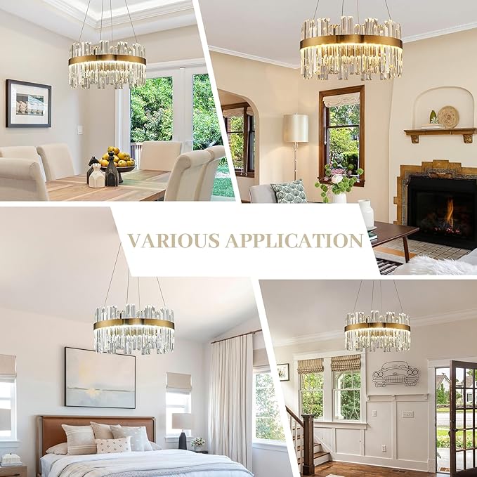 19.7'' Dimmable Modern LED Crystal Chandeliers,Gold Chandelier Light Fixture, 3 Colors Contemporary Pendant Ceiling Light for Dining Room Living Room Kitchen Island Entryway Foyer ,With Remote Control