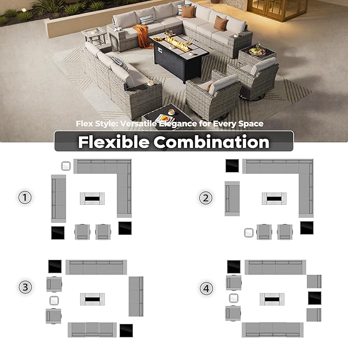 ovios 16 Pieces Patio Furniture Set, Outdoor Wicker Sectional Sofa with 54" Fire Pit Table Swivel Chairs, Modern Modular Deep Seat Rattan Couch Conversation Sets, Beige
