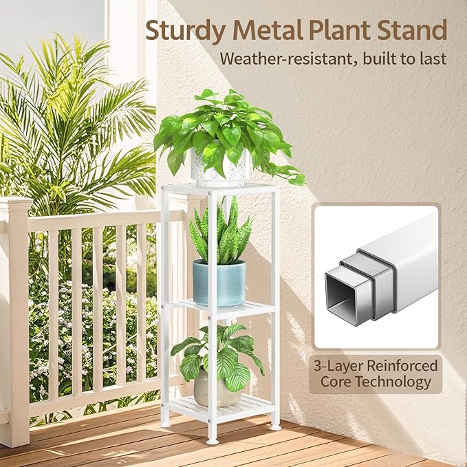 LASZOLA 3 Tier White Metal Plant Stand Indoor Outdoor for Large Planter, Modern Heavy Duty Tall Rack for Corner House Bathroom Patio Floor, Iron Flower Shelf Holder for Orchid Fern