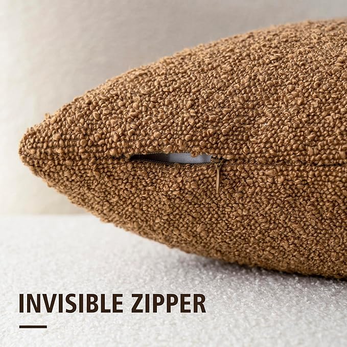 Foindtower Set of 2, Decorative Textured Boucle Throw Pillow Covers Accent Solid Pillow Cases Neutral Soft Couch Cushion Case for Chair Sofa Bedroom Living Room Home Decor 24 x 24 Inch Rust Tobacco