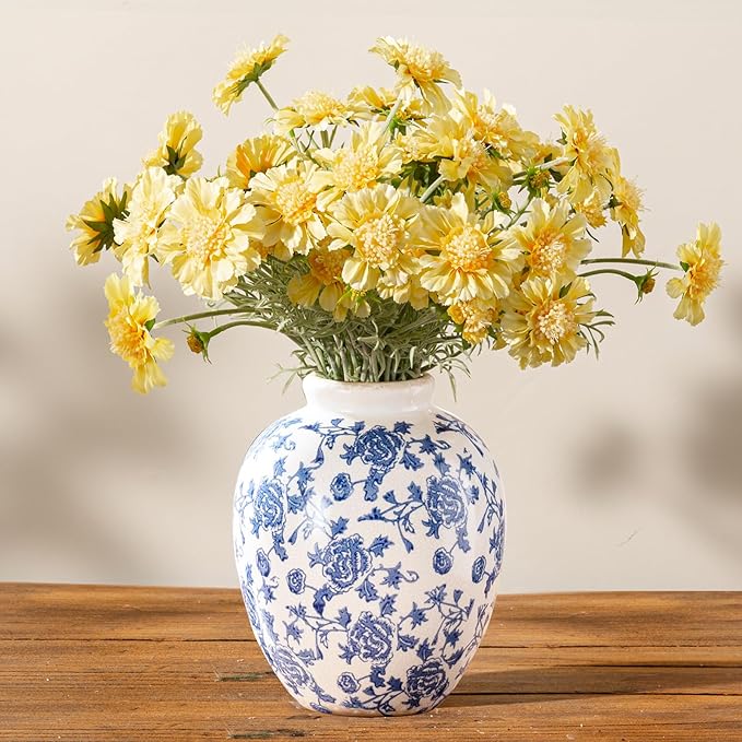 Ceramic Flower Vase, Blue and White Vintage Decorative Vase Chinoiserie Decor Rustic Farmhouse Retro Floral Vases for Table Bookshelf Mantel Kitchen Living Room Office - 7.8inch