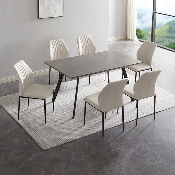 ZckyCine 59" Modern Dining Table Set for 6 Kitchen Dining Room Table Set Extendable Wood Dining Table and 6 Upholstered Chairs, Home Kitchen Furniture