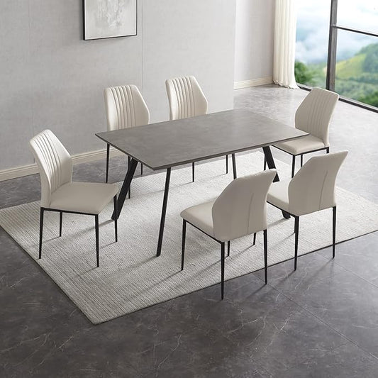 ZckyCine 59" Modern Dining Table Set for 6 Kitchen Dining Room Table Set Extendable Wood Dining Table and 6 Upholstered Chairs, Home Kitchen Furniture