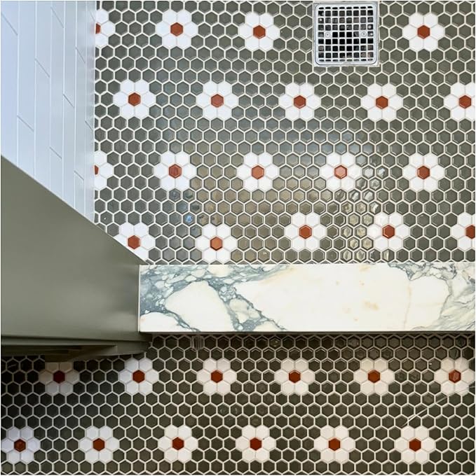 Tenedos Hexagon Glossy Green & White Flower Porcelain Mosaic Tile – Kitchen Backsplash, Bathroom Wall & Shower Floor Tile (5 Sheets)