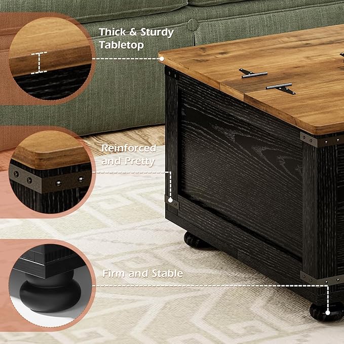 Farmhouse Coffee Table with Storage, Black Lift Coffee Tables for Living Room, Square Coffee Table with Wood Gourd Feet and Hydraulic Gas Rod, Black