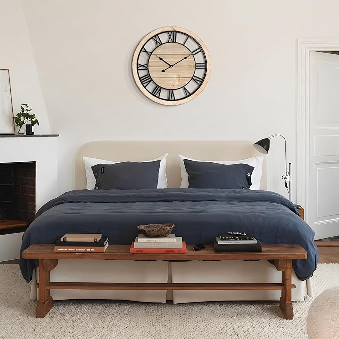 LEIKE 20 Inch Large Wall Clock - Rustic Wooden Silent Non-Ticking Wall Clock with Black Metal Frame, Vintage Farmhouse Decorative for Living Room, Bedroom, Kitchen - Roman Numerals, Modern Design