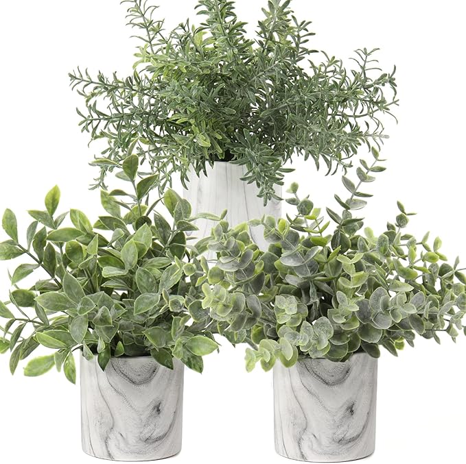 Hollyone Faux Plants Indoor Artificial Mini Potted Plants Plastic Green Plant Small Fake Plants Eucalyptus Decor in Pots for Home Table Room Bathroom Decor
