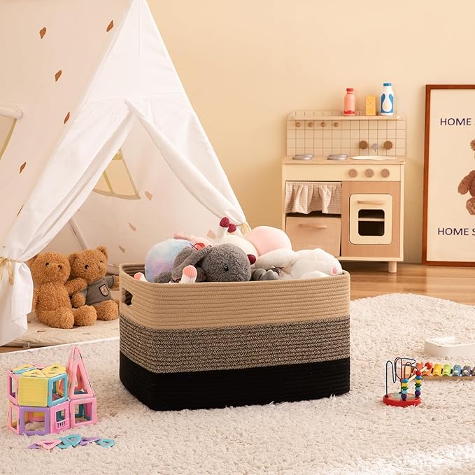 OIAHOMY Large Blanket Basket, 22”x17”x12” Rectangle Woven Baskets, Nursery Blanket Storage Living Room, Toy Storage With Handle, Large Baskets for Organizing-Yellow Black