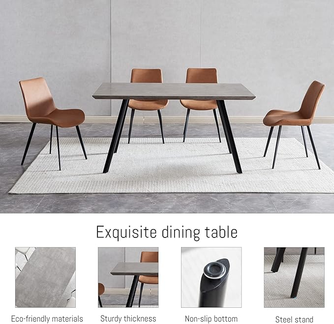 ZckyCine 59'' Modern 5-Piece Dining Table Set, Rectangular Wooden Dining Table with 4 Leather Chairs, Kitchen Dining Room Table and Chairs for 4, Space-Saving Table Set for Home, Apartment