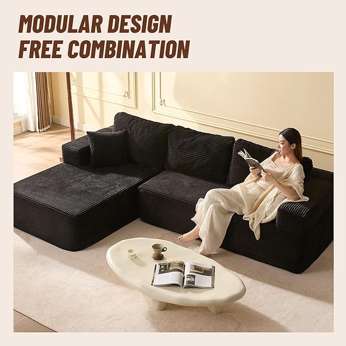 107" Boneless Couch with Deep Seat, Modular Sectional Sofa, Cloud Sectional Couch for Living Room, No Assembly Required, Corduroy, L-Shape Left，Black