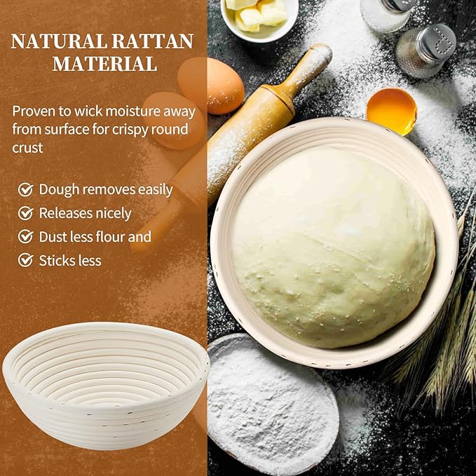 Banneton Bread Proofing Basket Banneton Basket Set Sourdough Proofing Basket Round Proofing Bowls Handmade Rattan Baskets and Liners (Round 9 inch Baking Set)