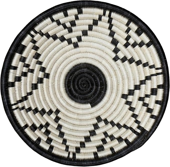 Handwoven African Basket Handmade sisal Fruit Bowl Wall Hanging decorative Baskets for Home Living Room Kitchen Centerpiece Zen Designs Arts and Crafts (Black White, 12in diameter)