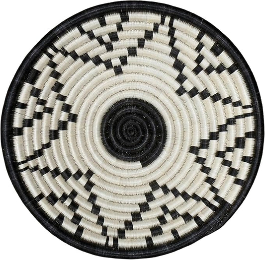 Handwoven African Basket Handmade sisal Fruit Bowl Wall Hanging decorative Baskets for Home Living Room Kitchen Centerpiece Zen Designs Arts and Crafts (Black White, 12in diameter)
