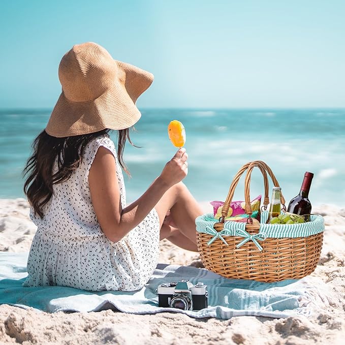 G GOOD GAIN Oval Picnic Basket with Folding Handles, Willow Hand Woven Shopping Basket, Bath Toy Kids Toy Storage Gift Packing Basket, Wicker Empty Easter Eggs and Candy Small Gift Basket.Green