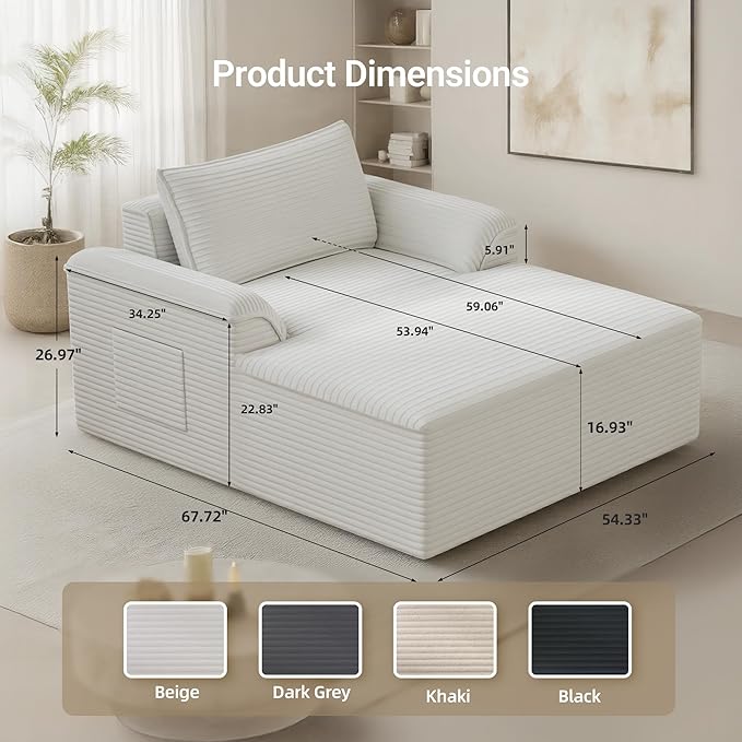 Claiks 68" Oversized Chaise Lounge Chair Indoor, Corduroy Upholstered Boneless Sofa Bed, Deep Seat Sleeper Couch with Pillows and Armrest, Cloud Sofas Reading Chair for Living Room, Beige