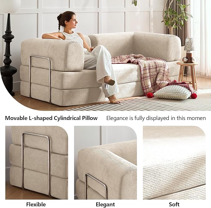 Modern Convertible Lounge Chair, Corduroy Fabric, Square Platform Design with Metal Frame, Floor Sofa Bed with Fixed-Shape Frame,Living Room Seating with Armrest (Beige, 3-Seater Sofa)