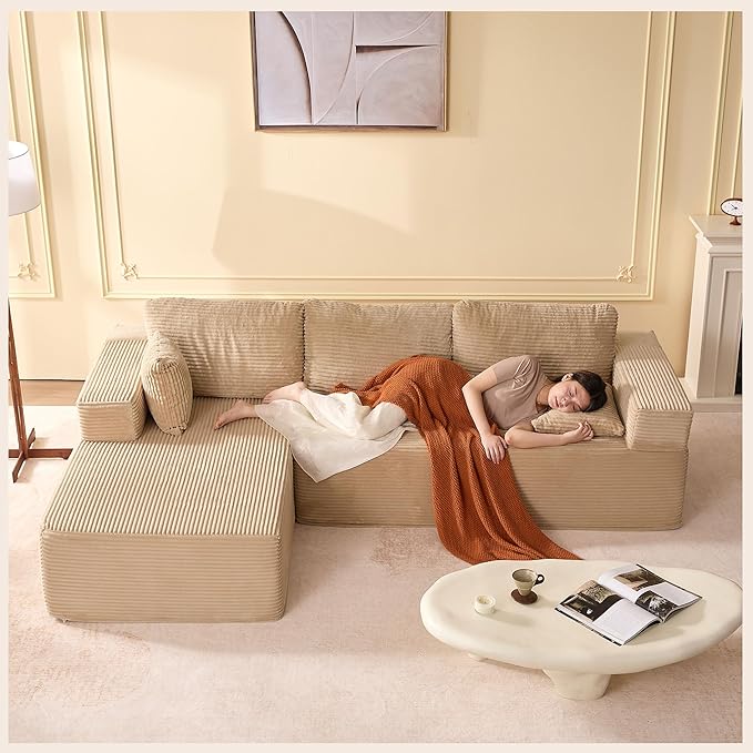 107" Boneless Couch with Deep Seat, Modular Sectional Sofa, Cloud Sectional Couch for Living Room, No Assembly Required, Corduroy, L-Shape Left，Camel