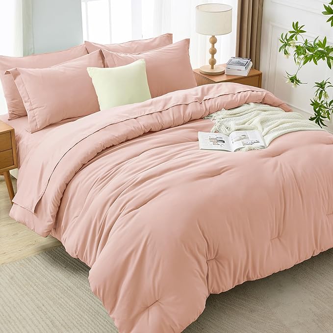MUXHOMO 7 Pieces Full Comforter Set, Soft Bed in a Bag Full Size, All Season Bedding Set with Comforter, Flat Sheet, Fitted Sheet, Pillowcases & Shams, Rose Gold