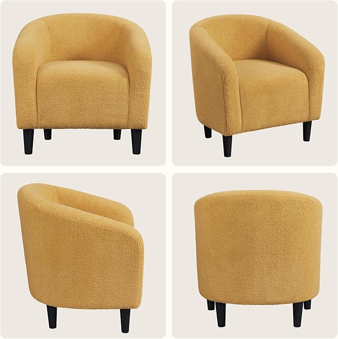 Yaheetech Accent Barrel Chair, Boucle Fabric Club Chair, Furry Sherpa Elegant and Cozy, Soft Padded Armchair for Living Room Bedroom Reception Room Office, Mustard Yellow