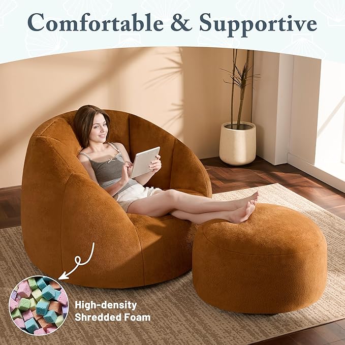 Giant Bean Bag Chaise Lounge Indoor Chair for Adults with Ottoman - Comfy Plush Round Shell Soft Accent Chair, Oversized Cozy Floor Sofa for Living Room Dorm Game Rooms, Orange