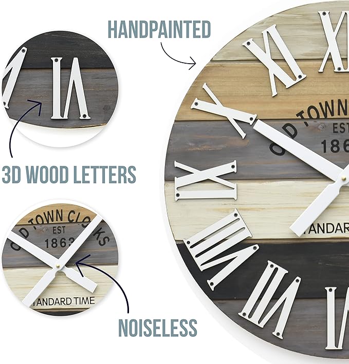 30" Wooden Multi-Color Maritime Coastal Beach Large Roman Wall Clock (Grey, 30 inch)