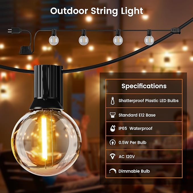 OHLUX Outdoor String Lights, 27 FT G40 Globe LED Patio Lights with 13 Dimmable Plastic Bulbs(1 Spare), 2200K Waterproof Connectable Hanging for Backyard Porch Cafe Party Decor, E12 Socket Base
