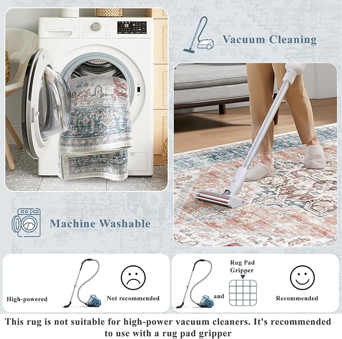 LIVEBOX 8x10 Washable Area Rug - Large Vintage Tribal Living Room Rug Oriental for Bedroom, Non-Slip Retro Medallion Carpet Print Distressed for Dining Room Guest Office