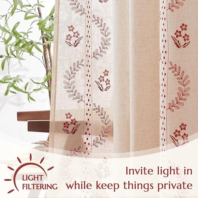 jinchan Belrose Linen Curtains for Bedroom Floral Curtains 63 Inch Length Linen Blend Burgundy Red Embroidered Drapes Farmhouse Flower Patterned Drapes for Living Room Window Treatments Set 2 Panels