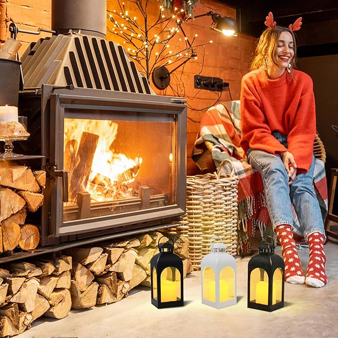 Decor Modern Farmhouse Lantern Decor Set of 4, Black Metal Small Candle Lanterns, Wooden Lanterns Decorative w/Timer & Remote-Controlled Flickering Candles for Home, Indoor, Table (Black)