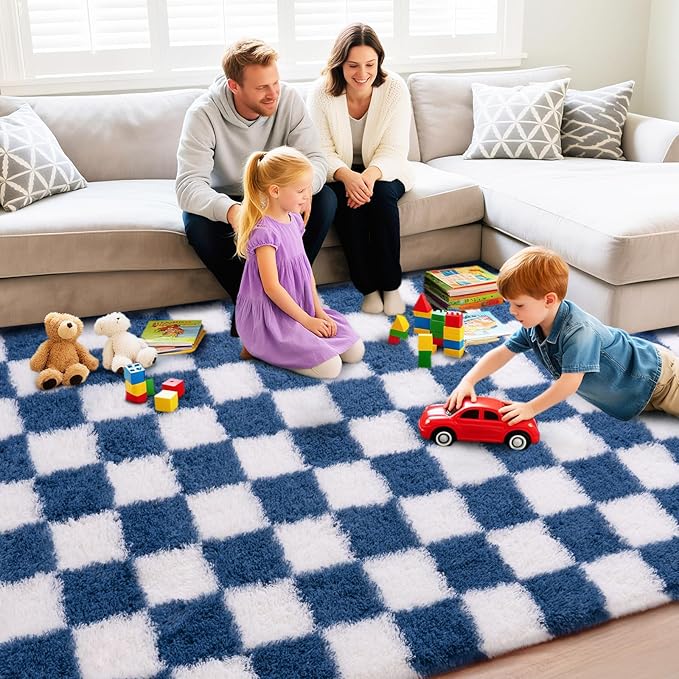 Checkered Rug for Living Room 8x10, Ultra Fluffy Fuzzy Shag Large Area Rug for Bedroom, Modern Plush Soft Upgrade Non-Slip Carpet for Kids Girls and Boys Room Dorm Home Decor, Navy and White