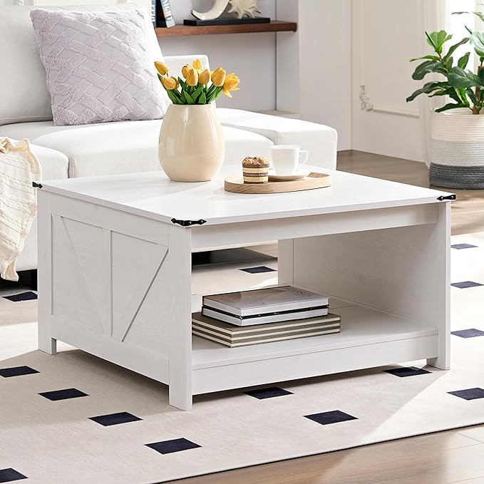 Farmhouse Coffee Table for Living Room, Wood Square Coffee Tables, 31.5" W x 31.5" D, White