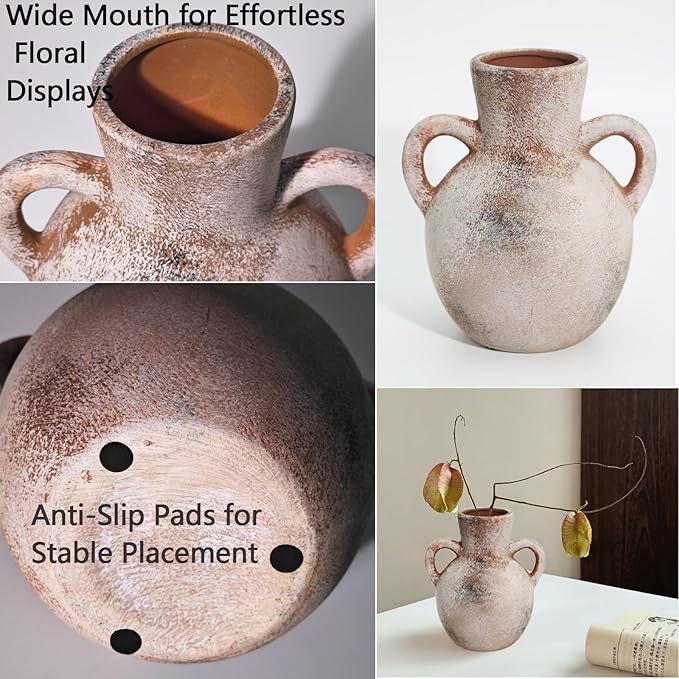 Ceramic Flower Vase,7.3 inch Tall Farmhouse Rustic Vase, Handcrafted Weathered Pottery Vases, Small Flower Terracotta Vases for Home Decor, Living Room Farmhouse Table Shelf Entrance (Terracotta)