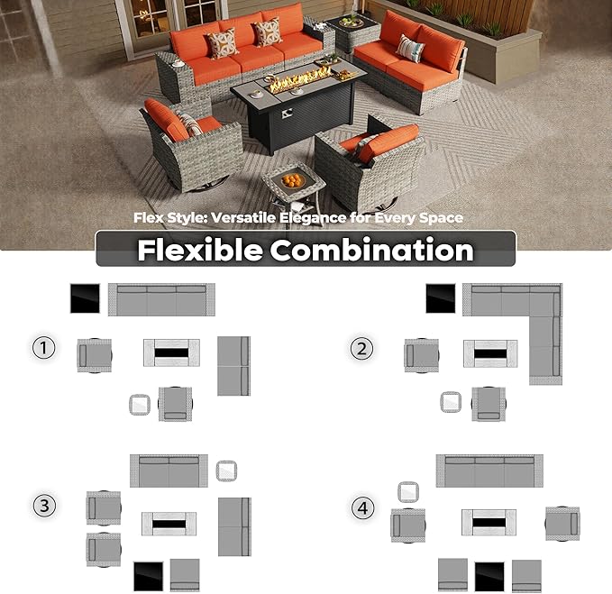 ovios 10 Pieces Patio Furniture Set, Outdoor Wicker Sectional Sofa with 54" Fire Pit Table Swivel Chairs, Modern Modular Deep Seat Rattan Couch Conversation Sets, Orange Red