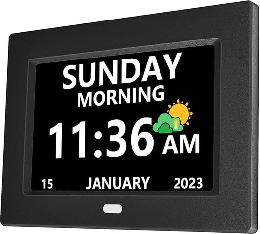 7 Inch Digital Clock with Day and Date for Elderly Alzheimer's Clock Customizable Alarms 3 Display Modes Large Font Alarm Clock for Seniors Auto DST Black