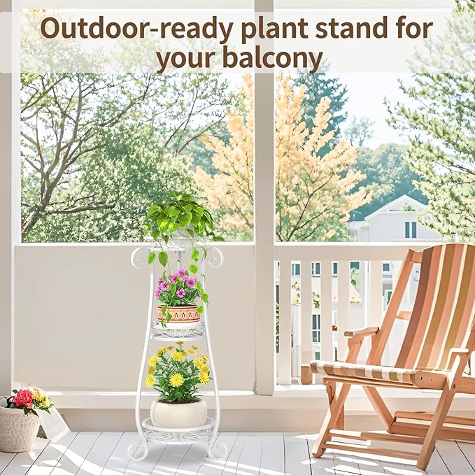 LASZOLA 3 Tier White Metal Plant Stand for Multiple Large Planters Indoor Outdoor Organizer, Heavy Duty Tall Flower Stand for Corner Patio Bathroom Office, Modern Sturdy Vertical Iron Rack, Cat Proof