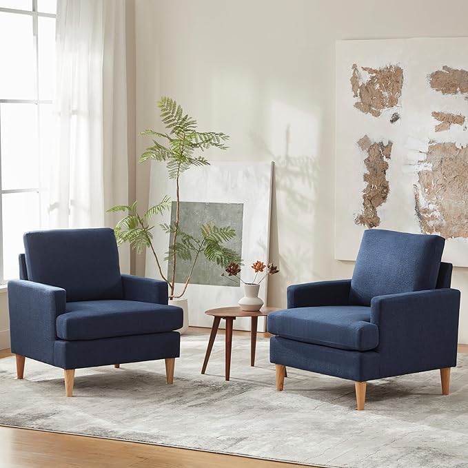 VKNOW Mid-Century Accent Chair, Modern Upholstered Armchair for Living Room, Comfy Reading Accent Chairs with Wood Legs for Bedroom, Navy Blue Polyester