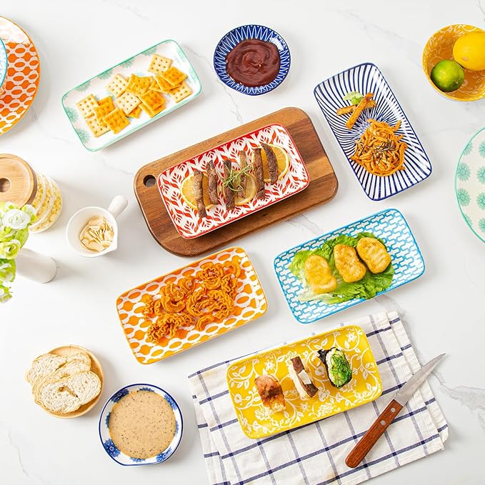 Rectangle Serving Plates Set - 8 Inch Rectangular Ceramic Dinner Appetizer Dishes - Porcelain Platter for Sushi Salad Dessert Pasta - Oven Microwave Dishwasher Safe - Set of 6 - Assorted Colors