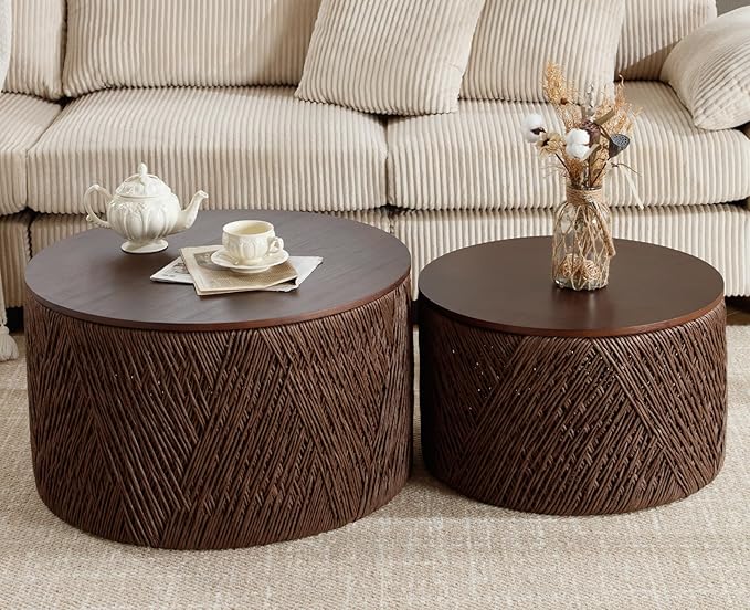 chairus Nesting Coffee Table Set of 2 Woven Round Coffee Table with Storage Solid Wood Side Table for Small Spaces, Living Room, Bedroom, Office, Dark Brown