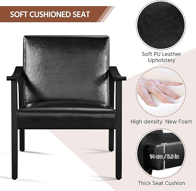 Yaheetech PU Leather Accent Chair, Mid-Century Modern Armchair with Solid Wood Legs, Reading Leisure Chair with High Back for Living Room Bedroom Waiting Room, 2 Pieces, Black