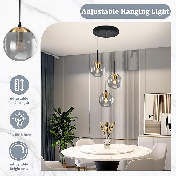 KoKo&Yukina Gold 3-Light Globe Pendant Light Modern Globe Chandelier Light Fixture Hanging Lights Adjustable with Grey Glass Pendant Lights Kitchen Island