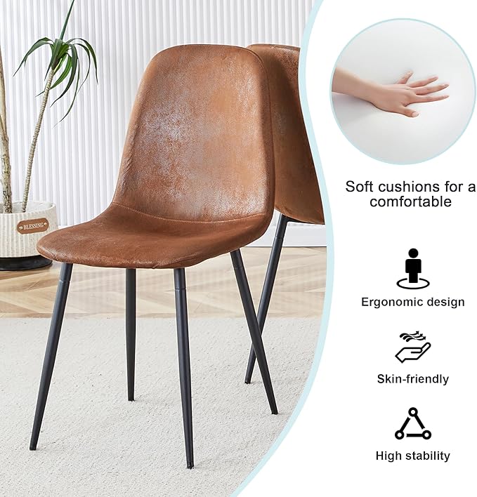 Wooden Dining Table Set for 4,63" Rectangular Kitchen Table with Upholstered Chair, Modern Dining Room Furniture with Faux Leather Seating and Sturdy Metal Legs, Brown Farmhouse Table Set