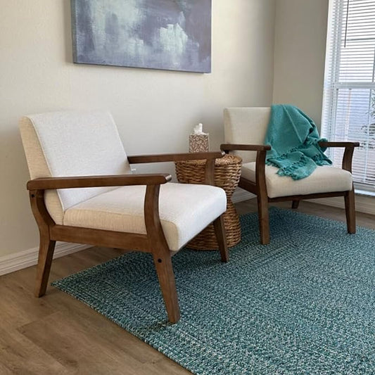 Wahson Comfy Living Room Chairs Set of 2, Linen Upholstered Accent Chairs, Farmhouse Armchairs with Natural Wood Frame, Oversized Decorative Chair for Bedroom, Beige