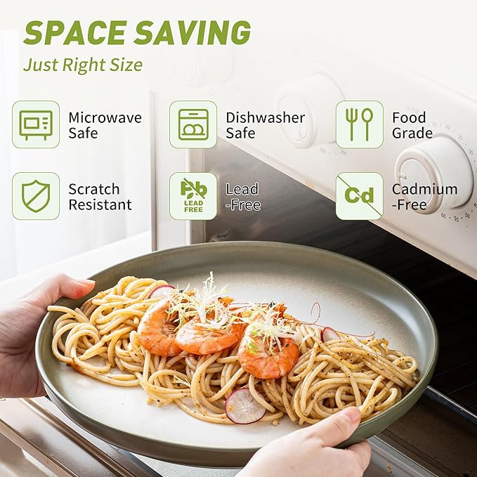 12 PCS Stoneware Dinnerware Sets, Plates and Bowls Set for 4, Reactive Glaze Dishes Set for Kitchen Dinning, Microwave & Dishwasher Safe, Lichen Green