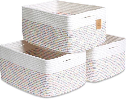 NaturalCozy Storage Baskets 16.8”x13”x7.6” Cotton Rope Woven Baskets for Organizing 3-Pack | Toy Storage Bins | Basket for Shelves, Laundry, Blanket, Clothes, Closet, Kitchen, Bathroom, Gifts