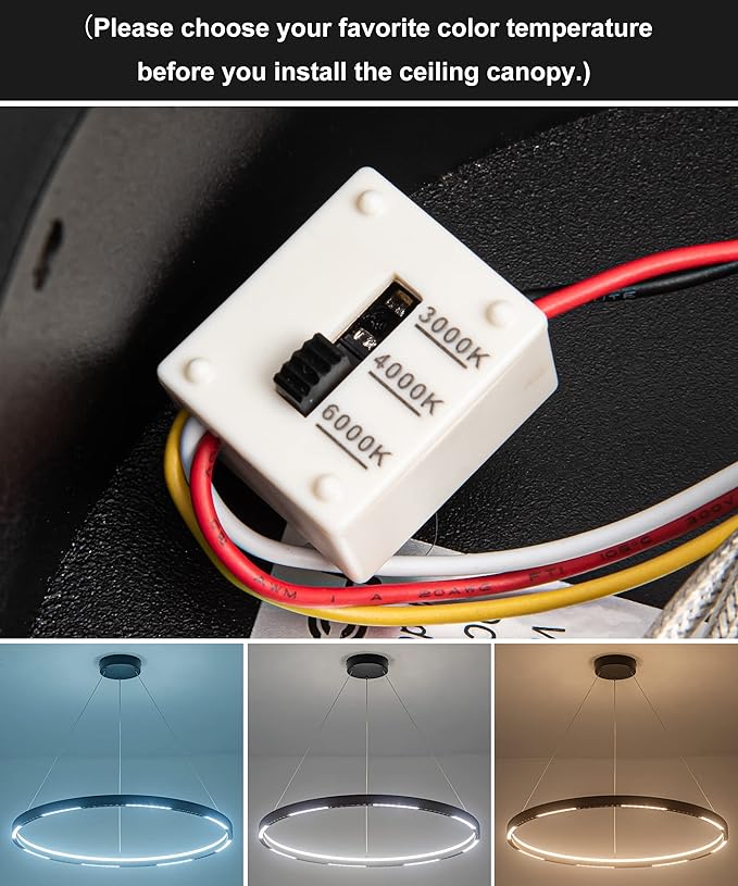 Led Ring Chandelier,Ring Light Chandelier Modern Pendant Light,1 Circular Chandelier Dimmable Hanging Led Pendant Lighting for Living,Dining Room Kitchen Island 23.6" 3000-6000K Black