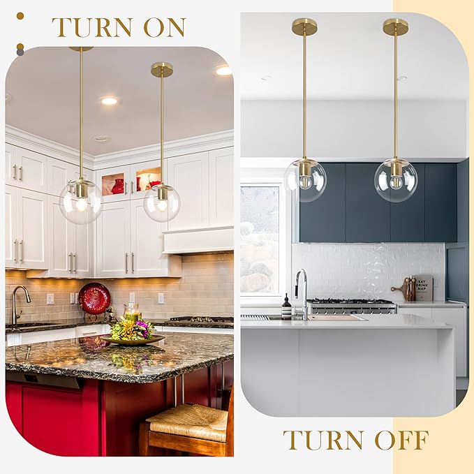 6 Inch Globe Pendant Light Gold Mid Century Pendant Light Contemporary Globe Pendant Lights Kitchen Island Clear Glass with Brass Finish Adjustable Hanging Light Fixture for Kitchen Island