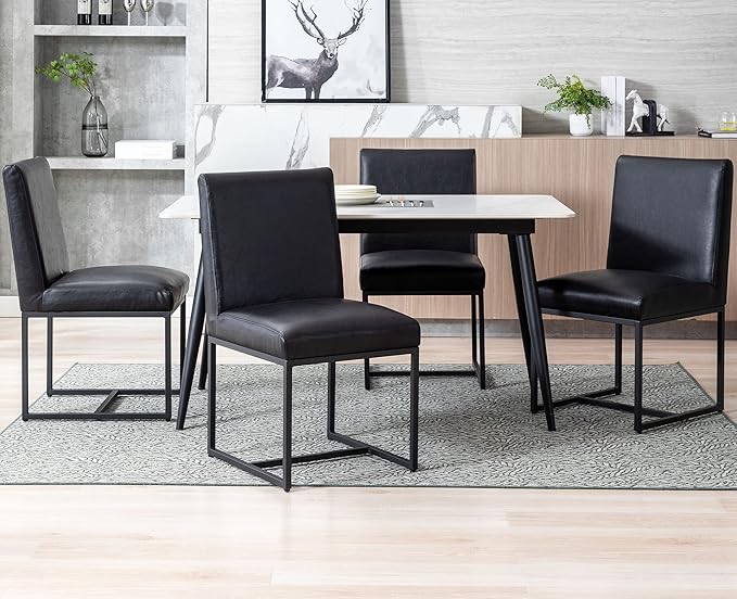VESCASA Faux Leather Upholstered Dining Chairs with Black Metal Frame, Mid Century Modern Padded Kitchen Chair with Adjustable Foot Pads for Restaurant, Dining Room, Set of 4, Black